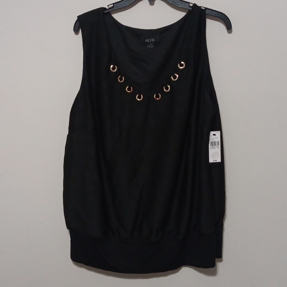 Black with Gold Ring Accents on Neck Line Blouse 24-25" Inches Ptp